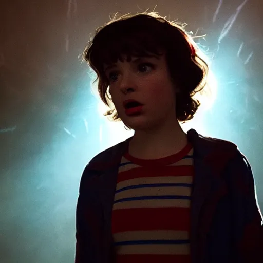 Prompt: stranger things scene featuring a young kate bush, dramatic lighting, cinematic