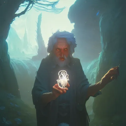 Image similar to highly detailed vfx portrait of an old mage casting a light spell, unreal engine, greg rutkowski, loish, rhads, beeple, makoto shinkai and lois van baarle, ilya kuvshinov, rossdraws, tom bagshaw, alphonse mucha, global illumination, detailed and intricate environment