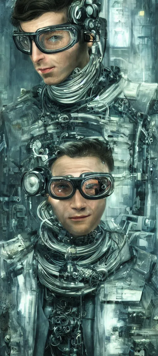 Prompt: a guy connected to wires and tubes, wearing goggles, cybernetic, dystopian, Neo Rococo Expressionist, Maximalism, orientalism, diffuse lighting, fantasy, intricate, elegant, highly detailed, lifelike, photorealistic, digital painting, artstation, illustration, concept art, smooth, sharp focus, art by John Collier and Albert Aublet and Krenz Cushart and Artem Demura and Alphonse Mucha