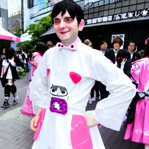 Image similar to martin shkreli in kawaii maid dress at harajuku tokyo street fashion event, a professional high quality photo from vogue magazine