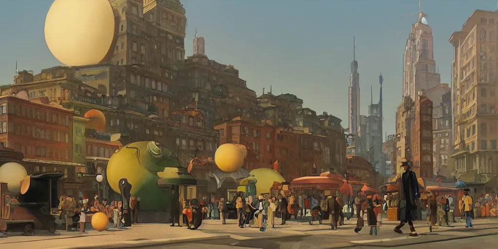 Image similar to A large radiant spherical object lights up an immense city square, dieselpunk, by Studio Ghibli and Edward Hopper