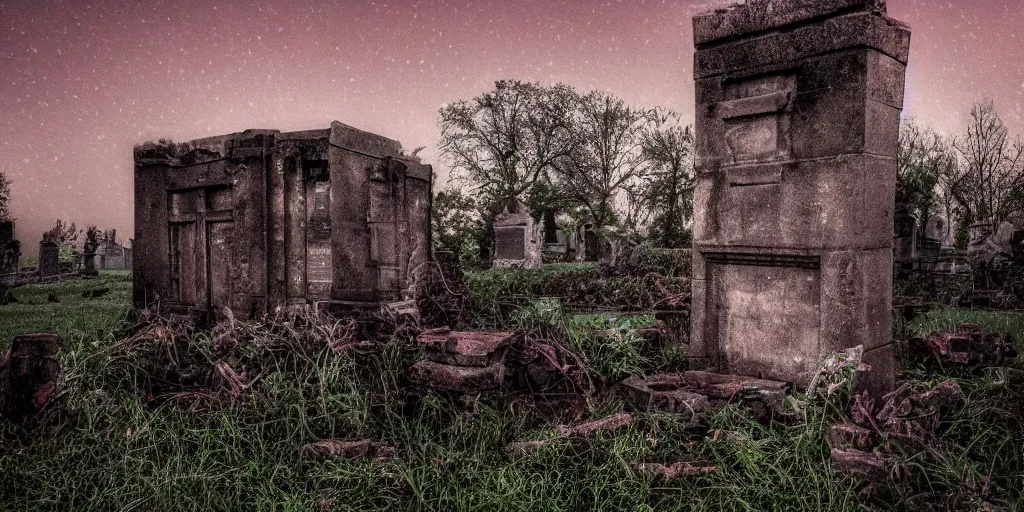 Prompt: a single worn brick throne in a creepy overgrown graveyard at night, volumetric lighting, dark