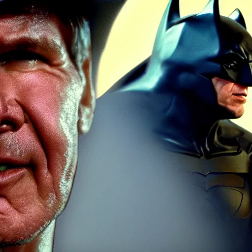 Prompt: harrison ford as the batman, cinematic, epic quality, 8 k, photorealistic, sharp focus, flare lens, rain, movie still