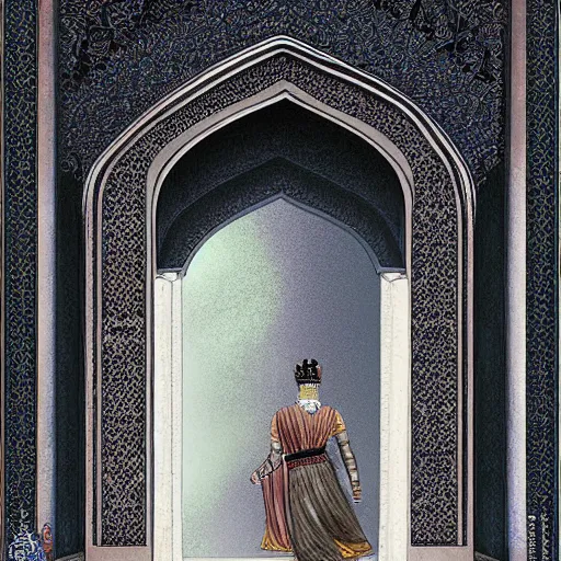 Image similar to sideview of a mughal emperor walking through a mystical door leading to another dimension, fantasy, artstation detailed digital art