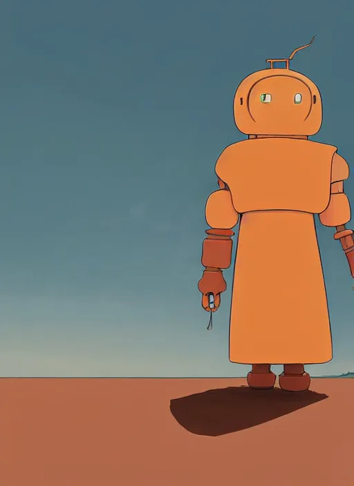 Image similar to a study of cell shaded cartoon of an orange robot monk from howl's moving castle ( 2 0 0 4 ) on a desert road, full body, wide shot, very muted colors, post grunge, studio ghibli, laurie greasley, highly detailed, deviantart, art by artgem