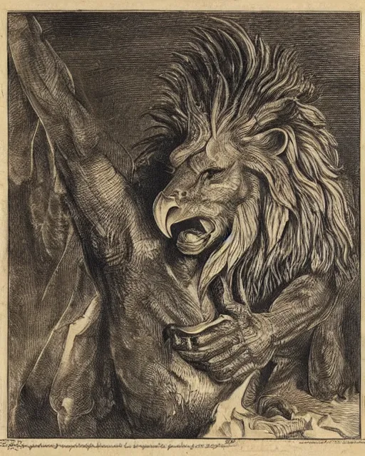 Image similar to a creature with the body and eyes of a man, with the beak of an eagle, the mane of a lion, and the horns of an ox. drawn by francis bacon