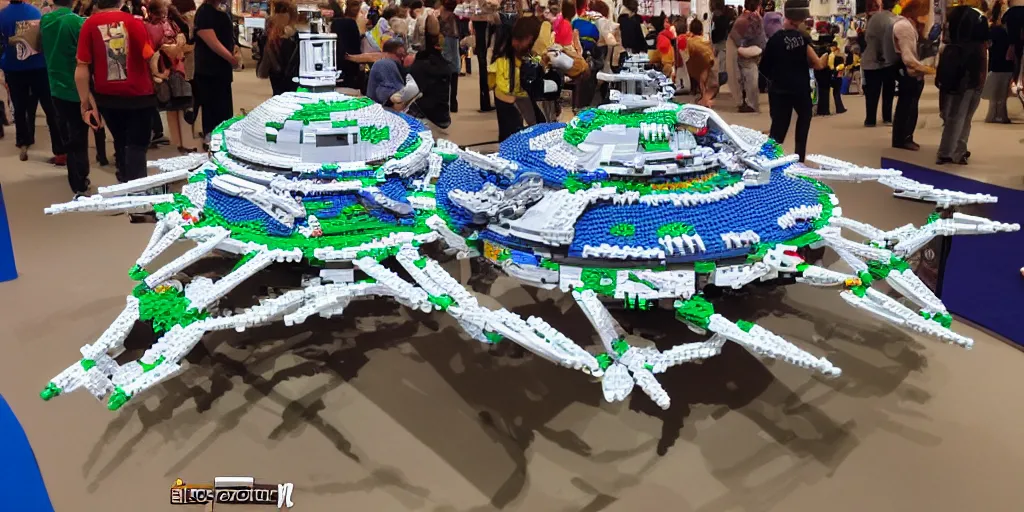 Prompt: wide shot lens photo of a very intricately detailed and epically shaped 1. 2 5 m long alien lego mothership ufo kit designed by a master builder as displayed at a lego convention.