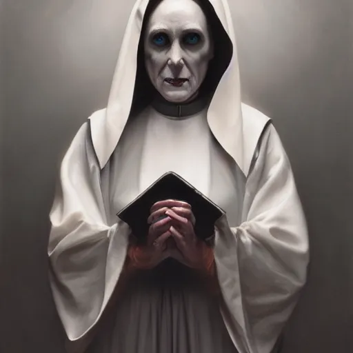 Image similar to portrait of a scary ghostly nun highly detailed, centered, digital painting, artstation, concept art, by donato giancola Greg Rutkowski, trending on Artstation, Joseph Christian Leyendecker, WLOP, Boris Vallejo, octane render, dark, moody, foggy