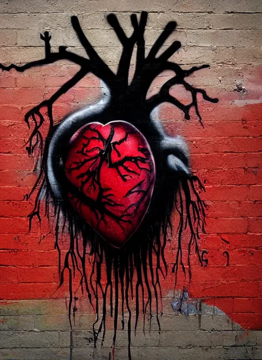 Image similar to graffiti of a dripping anatomical human heart with roots growing above it, sadness, dark ambiance, concept by godfrey blow, banksy, featured on deviantart, sots art, lyco art, artwork, photoillustration, poster art, black and red