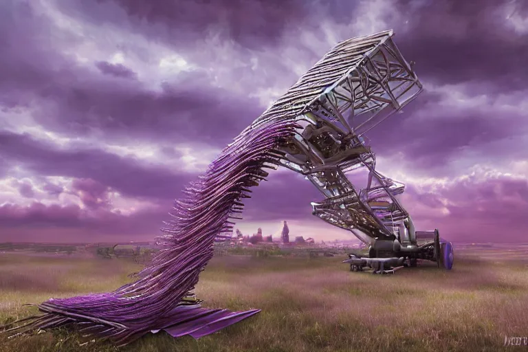 Image similar to a large loom machine that weaves threds that turn into the clouds in a calm purple sky, aesthetic, intricate, elegant, 8K, concept art, highly detailed, hyper-realistic, polished, artstation, unreal engine