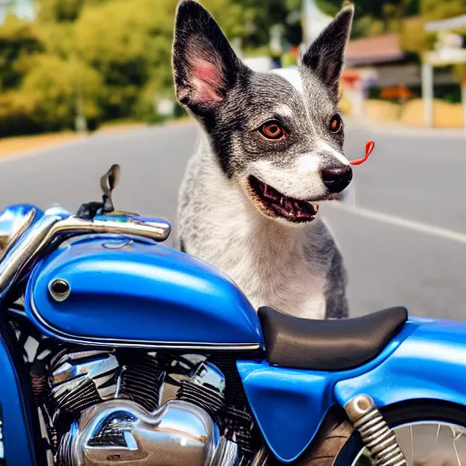 Image similar to blue heeler dog on a motorcycle, 8 k photography, blurred background of a wafflehouse