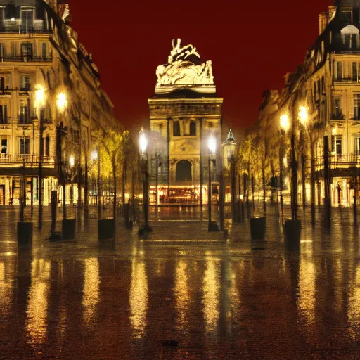 Prompt: Public square in Paris, it is night and raining, digital art , highly detailed , high contrast, beautiful lighting, award winning , trending on art station, photorealistic, 8k