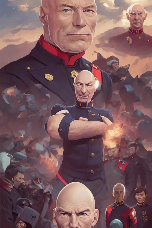 Image similar to portrait of fascist tyrant captain picard by artgerm, tooth wu, dan mumford, beeple, wlop, rossdraws, james jean, marc simonetti, artstation giuseppe dangelico pino and michael garmash and rob rey and greg manchess and huang guangjian and makoto shinkai