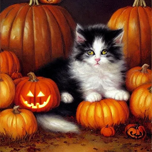 Image similar to a cute fluffy kitten amidst piles of pumpkins. halloween autumn fall art. beautiful painting by henriette ronner - knip and artgerm and greg rutkowski