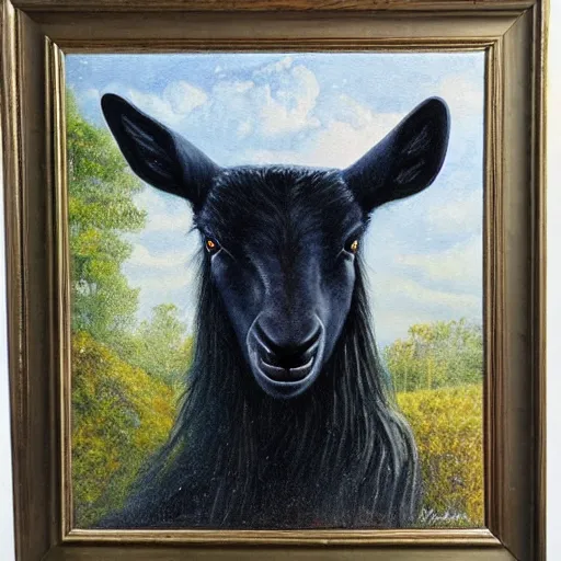 Image similar to thomas kincaid painting of black phillip from the movie the witch