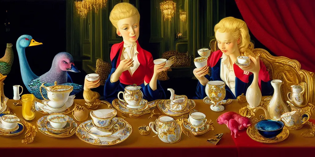 Image similar to a blonde and a mallard and a pig having tea at the ritz, abstract oil painting by gottfried helnwein pablo amaringo raqib shaw zeiss lens sharp focus high contrast chiaroscuro gold complex intricate bejeweled