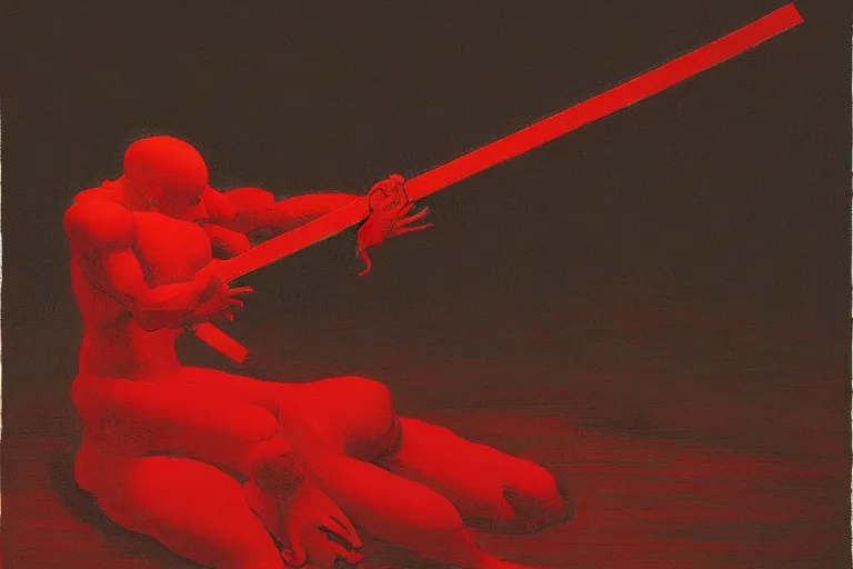 Image similar to only with red, a red samurai do seppuku, tokio, a lot of frogs watch, in the style of beksinski, parts by edward hopper, parts by rodcenko, parts by yue minjun, intricate and epic composition, red by caravaggio, insanely quality, highly detailed, masterpiece, red light, artstation, 4 k