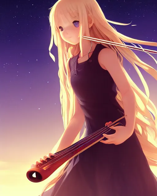 Image similar to teen, cute, full body, a female with white skin and golden long wavy hair holding a violin and playing a song, heavenly, stunning art style, filters applied, lunar time, night sky, trending art, sharp focus, centered, landscape shot, fate zero, simple background, studio ghibly makoto shinkai yuji yamaguchi, by wlop