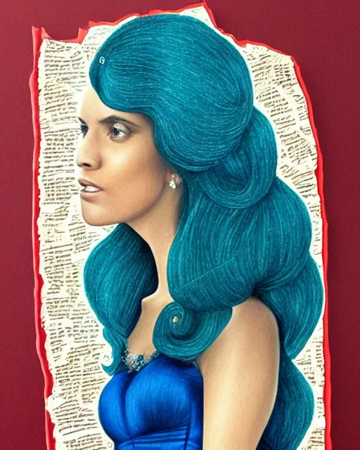 Image similar to a young woman with an extravagant hair style, colored pencil highly realistic rendering graphic collage in the style of Erica Rose Levine