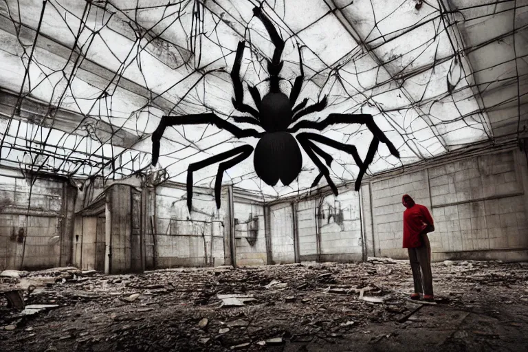 Prompt: a giant spider and a man in an abandoned industrial complex, intricate details, cinematic, wide angle