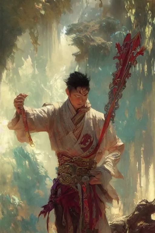 Image similar to attractive man, character design, wuxia, colorful, painting by gaston bussiere, craig mullins, greg rutkowski, j. c. leyendecker