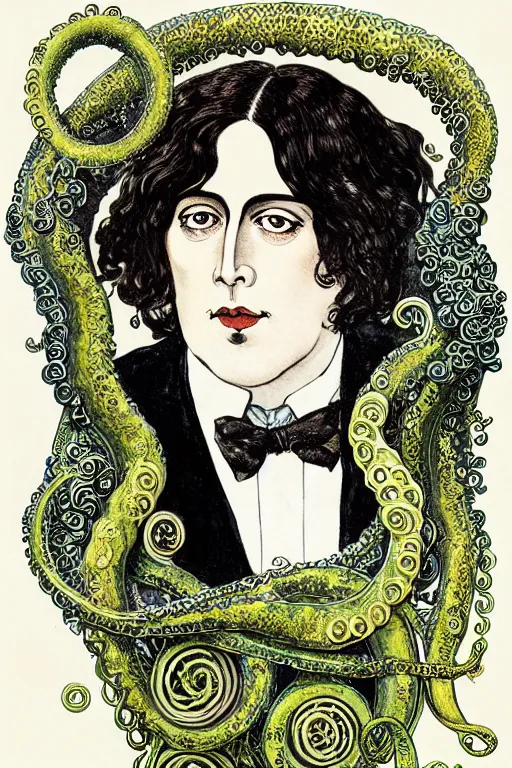 Prompt: realistic portrait of oscar wilde in the center of an ornate tentacle frame with orchids, detailed art by kay nielsen and walter crane, illustration style, watercolor