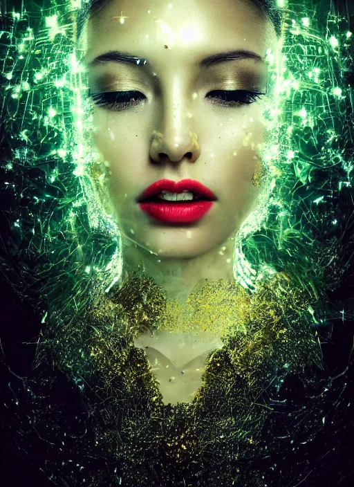 Image similar to double exposure effect, glowing silver and golden elements, full close-up portrait, realistic female model from shutterstock as a dark witch, book cover, green forest, white moon, red lips, establishing shot, extremly high detail, photo-realistic, cinematic lighting, pen and ink, intricate line drawings, by Yoshitaka Amano, Ruan Jia, Kentaro Miura, Artgerm, post processed, concept art, artstation, matte painting, style by eddie, raphael lacoste, alex ross