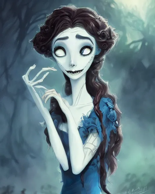 Image similar to elegant mysterious gracious undead victoria everglot from the corpse bride, portrait, illustration, the land of the death, skeletal hand, rim light, top light, summer clear blue sky, perfectly shaded, soft painting, art by krenz cushart and wenjun lin