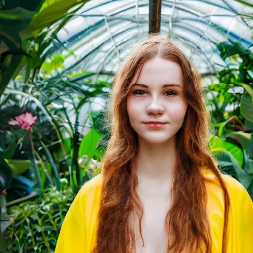 Image similar to photo portrait of the face of a young russian woman wearing a yellow kimono in a tropical greenhouse