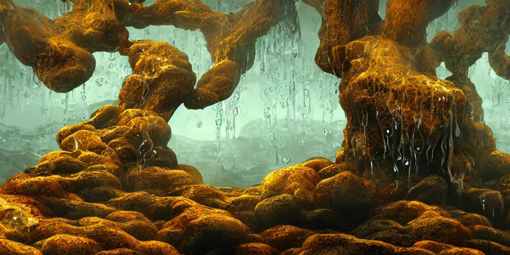 Image similar to Photorealistic symmetrical picture of a levitating floating glossy wet fungus god with arms outstretched, made from colorful wet fungus tendrils. a gentle rising mist, an epic rocky landscape. occult photorealism, UHD, amazing depth, glowing, golden ratio, 3D octane cycle unreal engine 5, volumetric lighting, cinematic lighting, cgstation artstation concept art