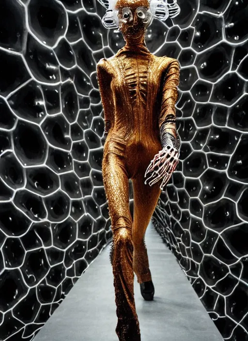 Prompt: walking down the catwalk, steven klein, show, stage, vogue photo, podium, fashion show photo, iris van herpen, beautiful woman, perfect body, full body shot, helmet on face, masterpiece, plant predator, guyver, jellyfish, biomechanical details, movie still, fauvism, cinestill, bokeh, gelios lens