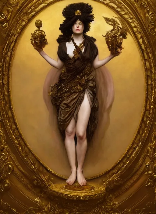 Prompt: highly detailed oil painting | very intricate | cinematic lighting | award - winning | portrait of the goddess of war dressed by alexander mcqueen | by roberto ferri, by tom bagshaw, by j. c. leyendecker and klimt, american romanticism, by austin osman spare, artstation, cgsociety, official art, octane