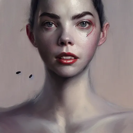 Prompt: expressive oil painting, alien gray - skinned woman based on jennifer connelly mixed with anya taylor - joy, rage, bumpy mottled skin, big black feathered wings instead of arms, body horror, by yoshitaka amano, by greg rutkowski, by jeremy lipkinng, by artgerm, digital art, octane render