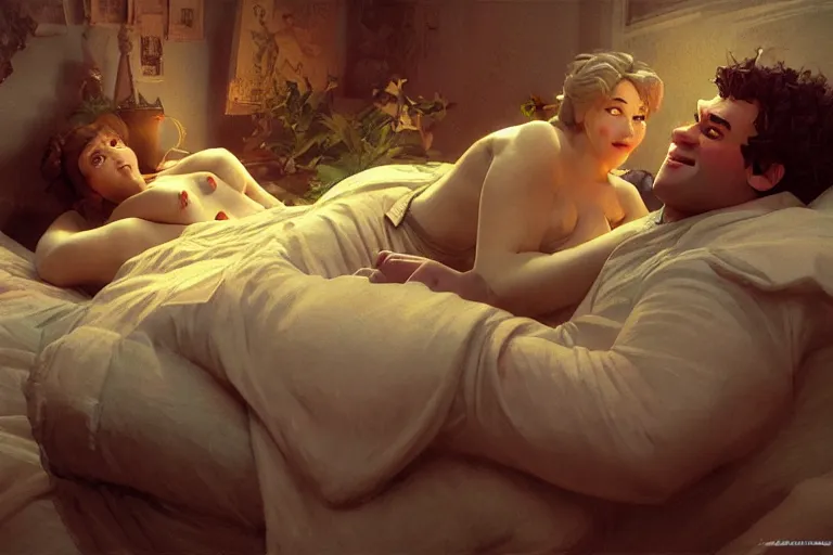 Image similar to russian poet alexander pushkin and shrek lying in bed together, portrait, highly detailed, digital painting, artstation, concept art, smooth, sharp focus, illustration, cinematic lighting, art by artgerm and greg rutkowski and alphonse mucha