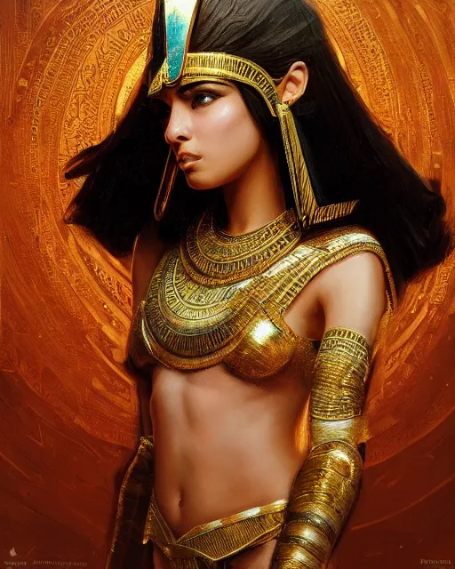 Prompt: Jessica Kahawaty as a beautiful egyptian princess, gorgeous, portrait, Symmetrical, powerful, intricate, beautiful, masterpiece, elegant, volumetric lighting, highly detailed, artstation, sharp focus, no cropping, illustration, Jean-Leon Gerome , ruan jia