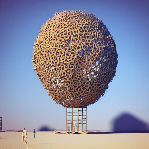 Image similar to highly detailed 3d render of burning man festival sculpture in the shape of cornflowers by Beeple