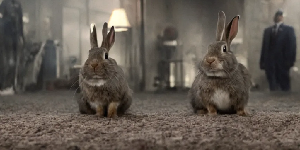 Prompt: a rabbit in the movie the batman screenshot