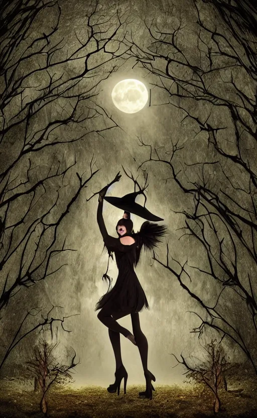 Image similar to witch standing pose in an enchanted forest wearing high heels under a full moon, fantasy gothic art style