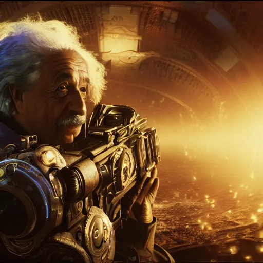 Prompt: ( ( albert einstein as willy wonka ) ) in gears of war, splash art, movie still, cinematic lighting, dramatic, octane render, long lens, shallow depth of field, bokeh, anamorphic lens flare, 8 k, hyper detailed, 3 5 mm film grain