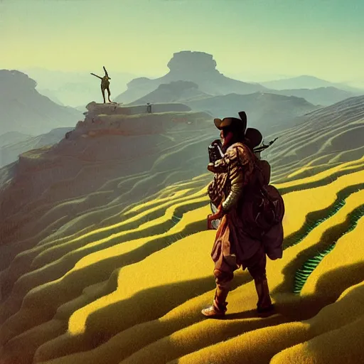 Image similar to cyberpunk afghan cowboy outrider standing atop a ridge, viewing rolling hills covered in rice terraces. c. leyendecker, simon stalenhag, studio ghibli, barlowe, audobon and beksinski