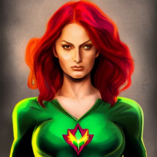 Prompt: jean grey, a full body portrait of jean grey, green eyes, red hair, phoenix rising, flames, flying, comic, x - men, highly detailed, artstation, deviantart, symetry, digital painting, vivid colors, realistic shaded perfect face, volumetric lighting, atmospheric, sharp focus, moody, in the style of alex ross, 8 k