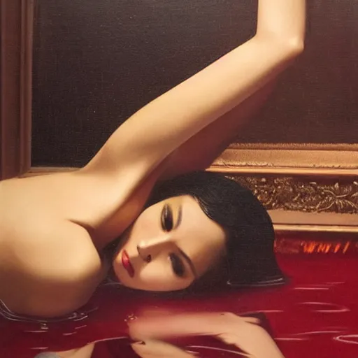 Prompt: Kiko Mizuhara full body laying in a blood red pool of water between a golden mirror frame, outside is space and inside the mirror frame is a beautiful landscape., physically accurate, dynamic lighting, intricate, elegant, highly detailed, very very Roberto Ferri, sharp focus, illustration, art