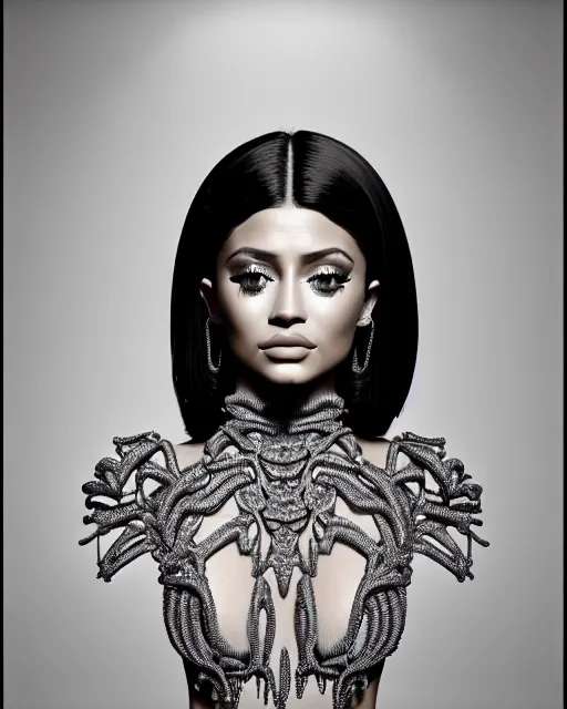 Image similar to bw 3 d render of a beautiful young kylie jenner female queen - cyborg - vegetal, intricate fractal ornament in the bust with a very long neck, elegant, highly detailed intricate rococo ornament in her silver long hair, realistic, refined, highly detailed, cinematic outdoor lighting, by flora borsi in the style of dora maar, volumetric lighting, hyper realistic photography