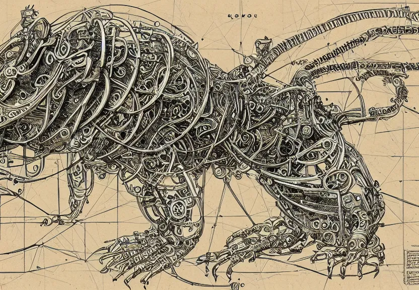 Image similar to 1 / 4 schematic blueprint of highly detailed ornate filigreed convoluted ornamented elaborate cybernetic rat, full body, character design, inside frame, middle of the page, art by da vinci