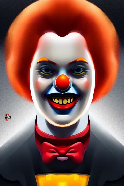 Image similar to a portrait of intergalactic ronald mcdonald, grim - lighting, high - contrast, intricate, elegant, highly detailed, digital painting, artstation, concept art, smooth, sharp focus, illustration