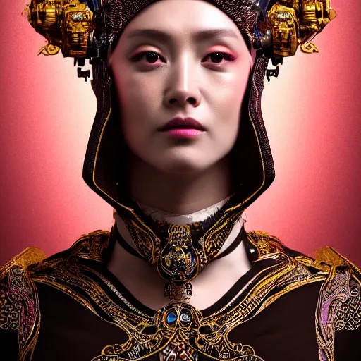 Prompt: a beautiful empress portrait, with a brilliant, impossible striking big cybernetic headpiece, cybernetic clothes, symmetrical, dramatic studio lighting, rococo, baroque, asian, hyperrealism, closeup, D&D, fantasy, intricate, elegant, highly detailed, digital painting, artstation, octane render, 8k, concept art, matte, sharp focus, illustration, art by Artgerm and Greg Rutkowski and Alphonse Mucha
