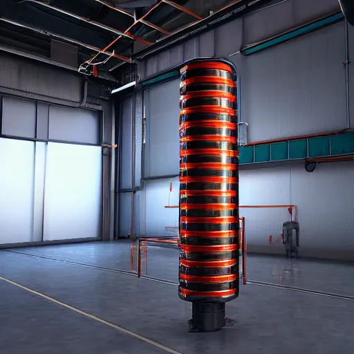 Image similar to big metallic capsule connected to pipelines, purpose is pump, standing in large industrial hall, designed by best engineers, raytracing, reflections