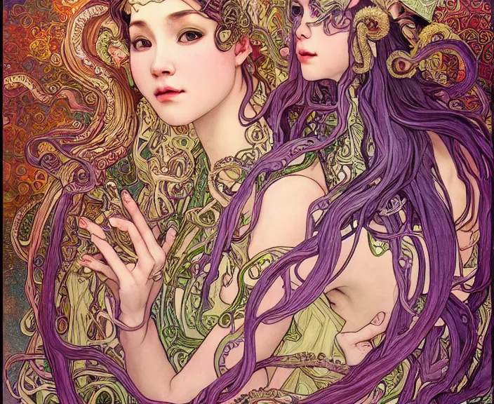 Image similar to portrait of an octopus goddess, full body shot, rule of thirds, wide angle, amazing landscape in background, fantasy, whimsical, horror, art by chengwei pan and alphonse mucha and josephine wall and amanda sage, intricately detailed, highly detailed, luxurious, elegant, clean, unsettling, trending on artstation