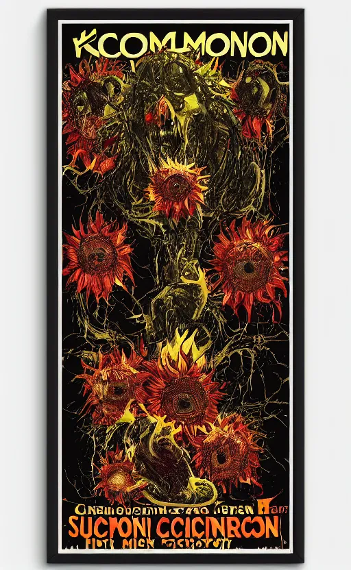 Image similar to 8 k cursed with necronomicon horrorcore cel animation poster depicting sunflowers spattered with blood, intricate, metropolis, 1 9 5 0 s movie poster, post - processing, vector art