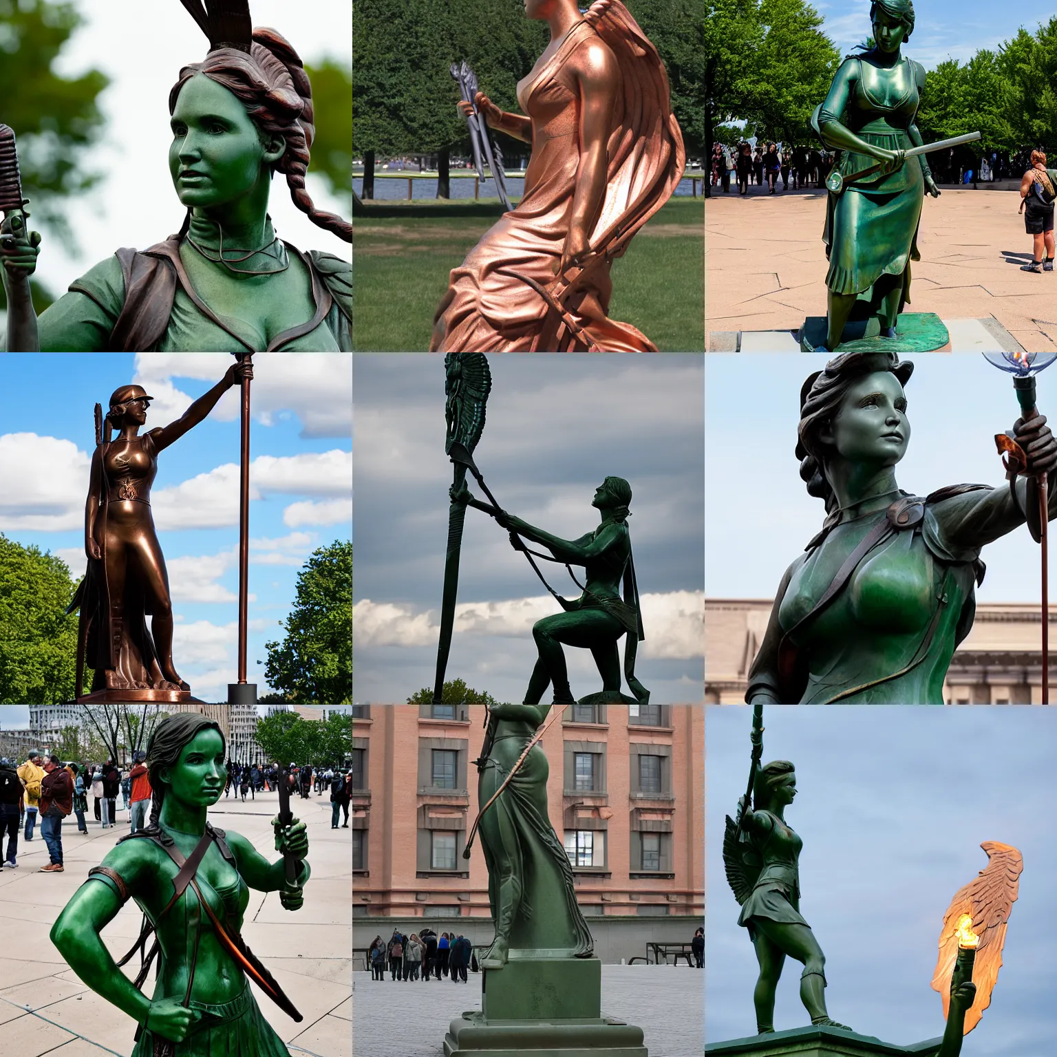 Prompt: Colossal neoclassical copper sculpture of a Katniss Everdeen, holding a torch, green patina, on Liberty Island, New York Harbour